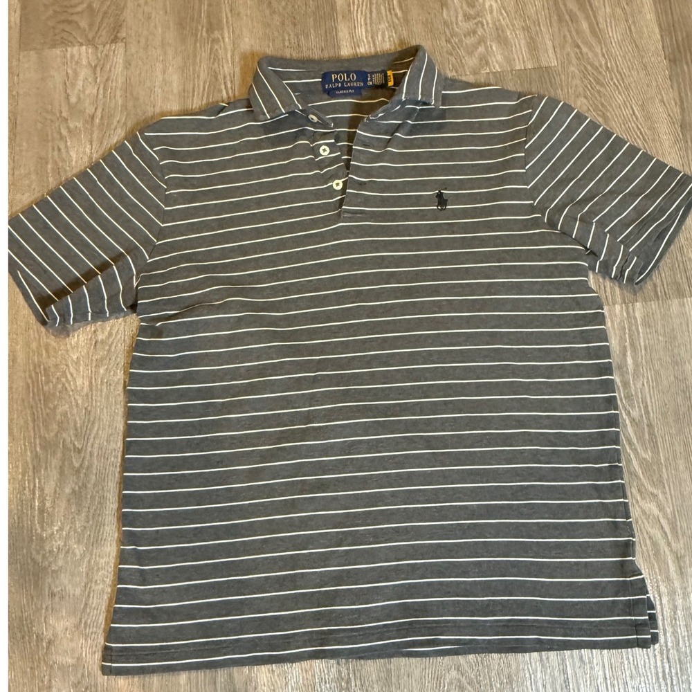 Polo Ralph Lauren Mens Classic Fit Gray White Stripe‎ Polo Shirt Size S